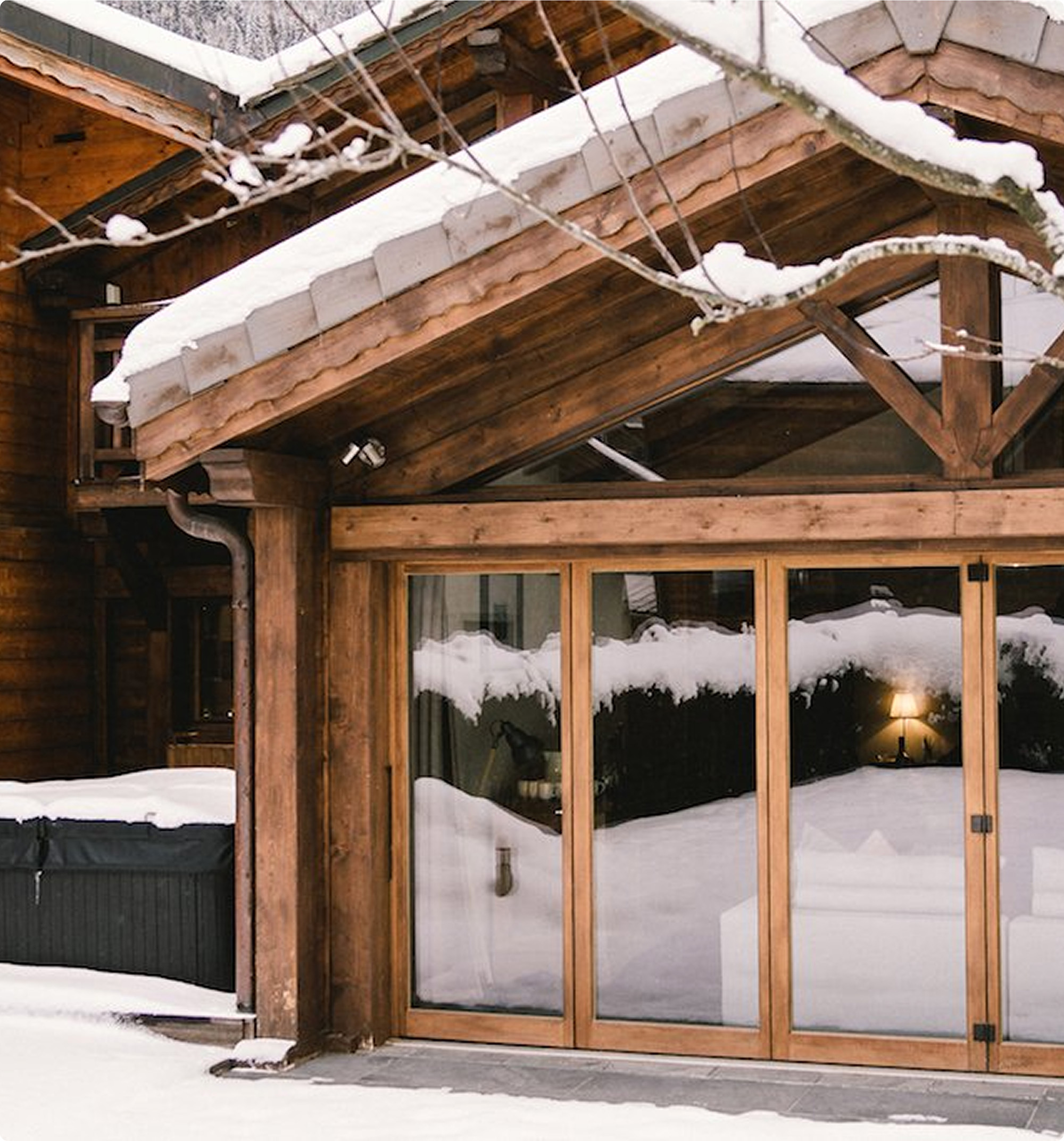 large open windows exterier of chalet in morzine winter