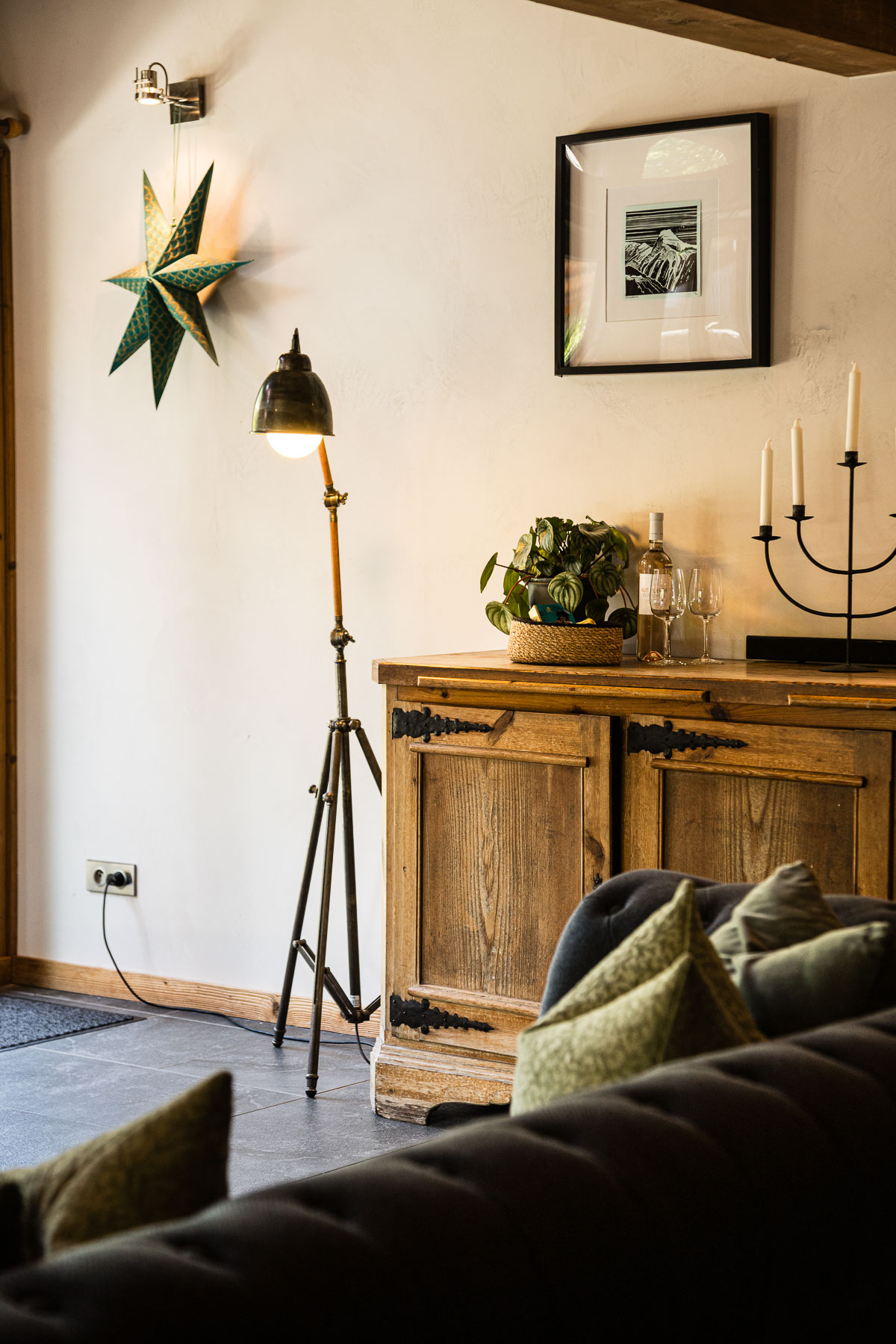 Rustic interior details in the living area at Chalet Coffy, Morzine