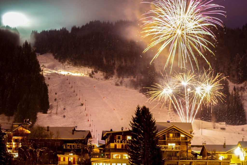 Fireworks over the Pleney mountain in Morzine