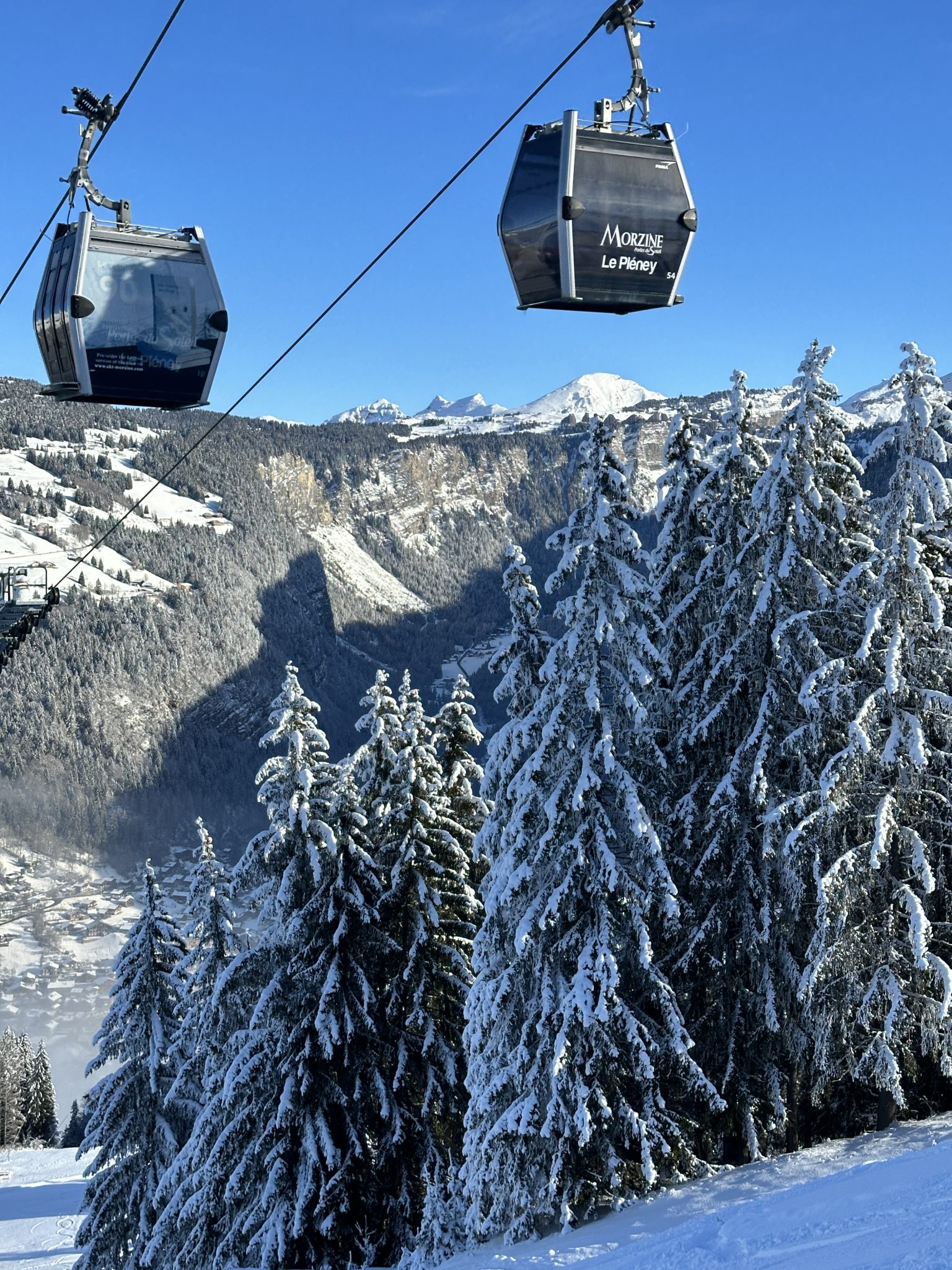 Pleney gondola above snow-covered trees in Morzine