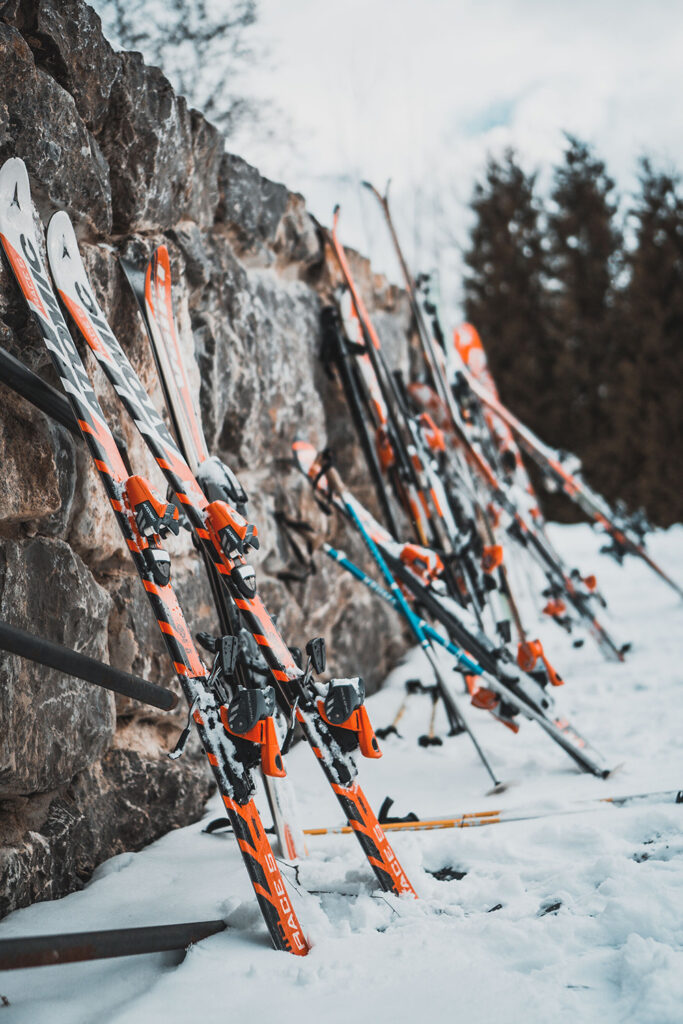 Rows of skis available for hire in Morzine