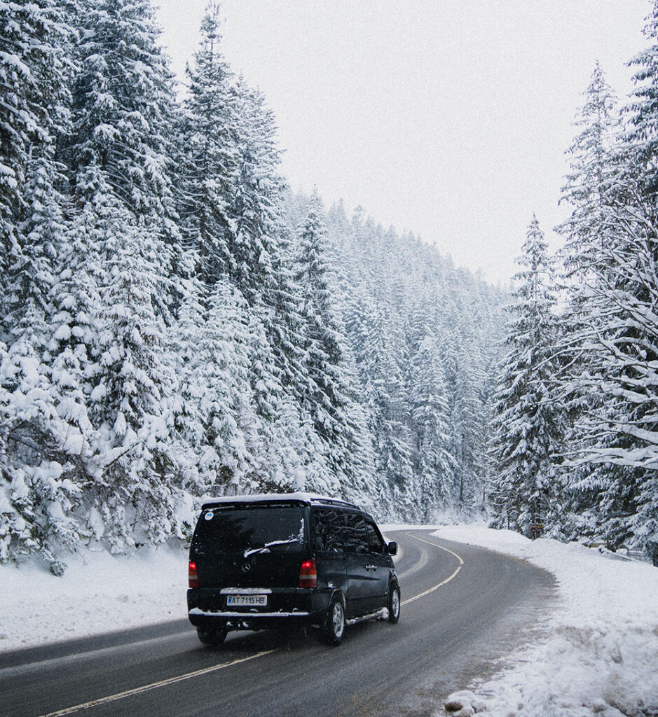 Snowy mountain road on the journey to Morzine