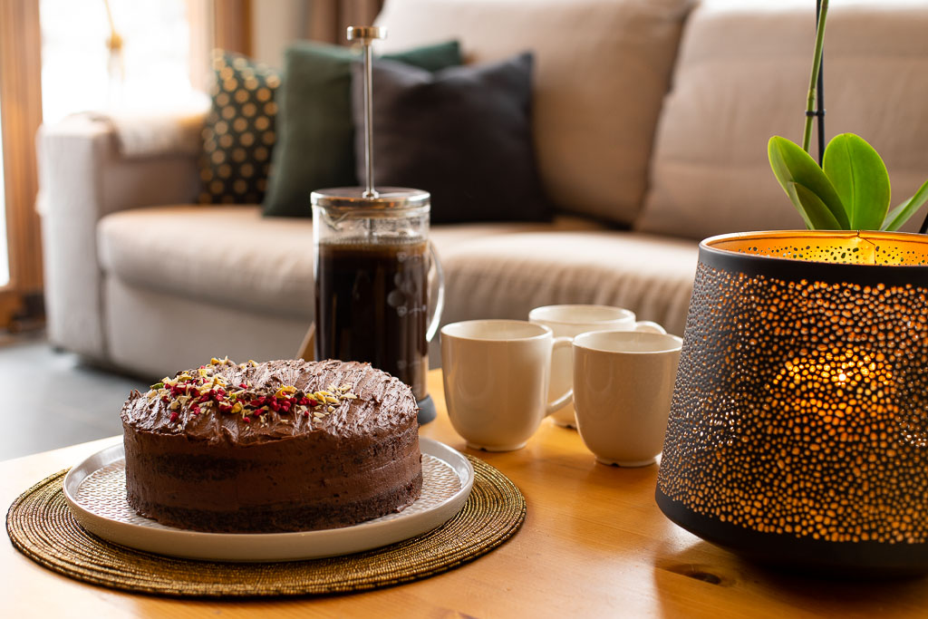 Homemade chocolate cake and coffee served at Chalet Coffy in Morzine