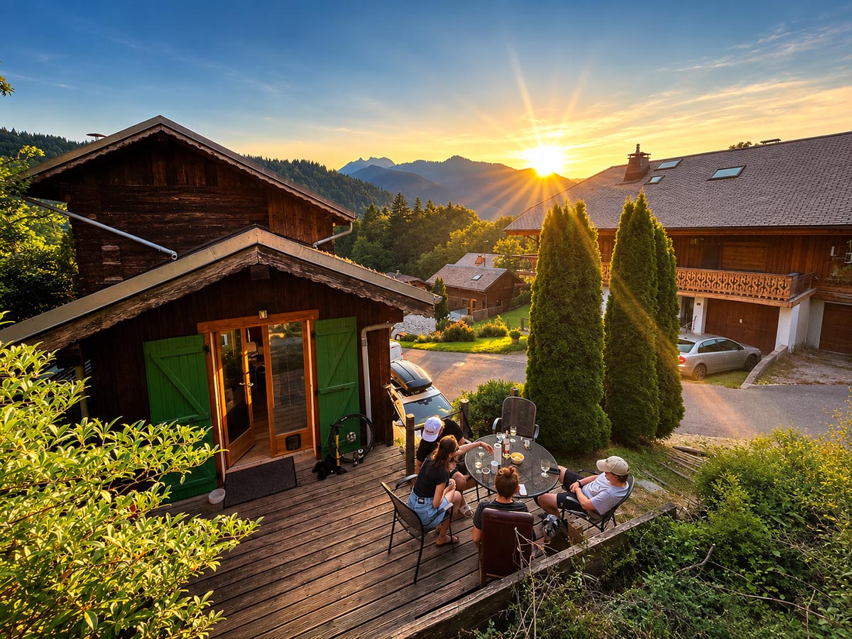 Garden terrace with sunset mountain views at Chalet Greniette
